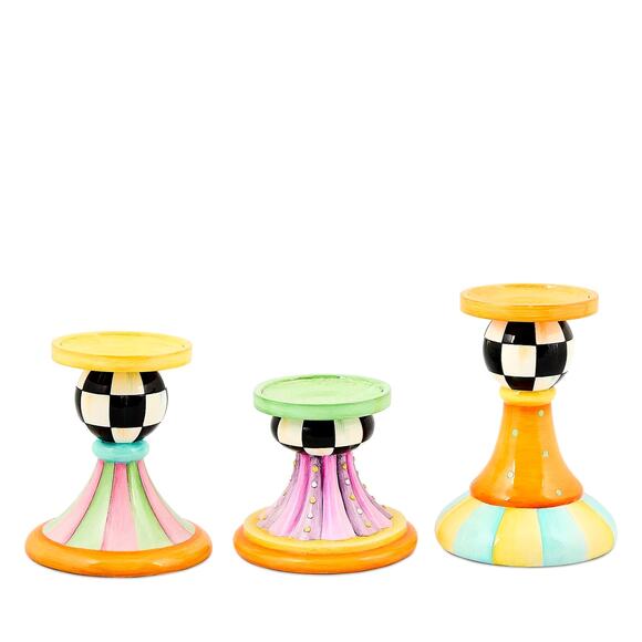 Mackenzie-Childs Trick or Treat Pillar Candle Holders Set of 3 NEW - Picture 2 of 2